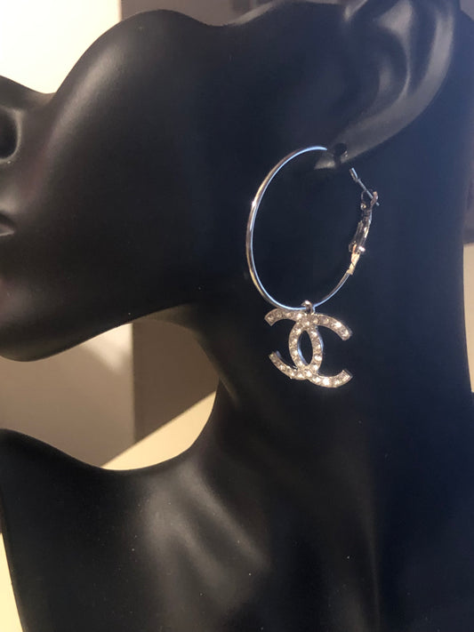 Silver Rhinestone Logo Hoop Earrings