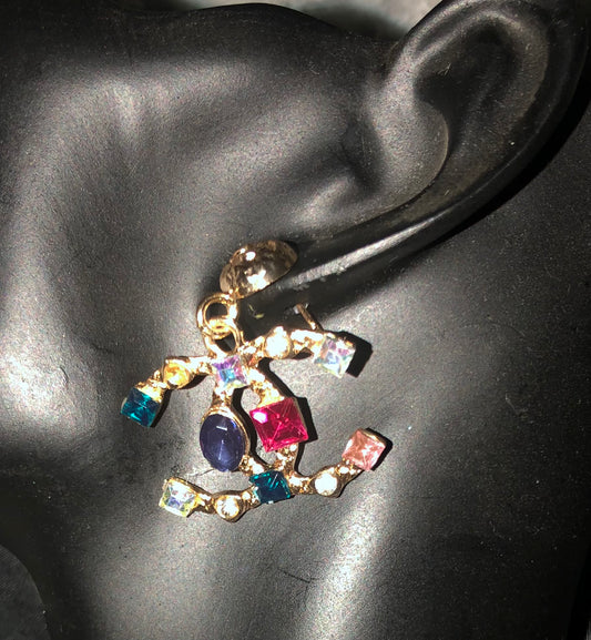 Gold and multicolored stone logo earrings