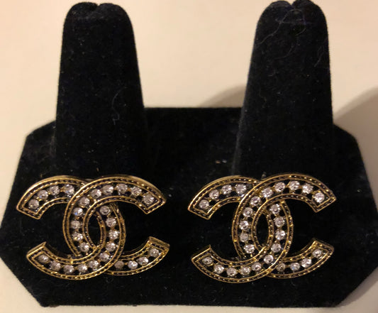 Brushed Gold rhinestone large logo earrings